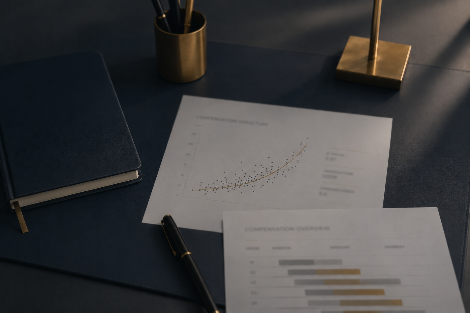 Compensation structure charts and pay grade overview arranged on a desk